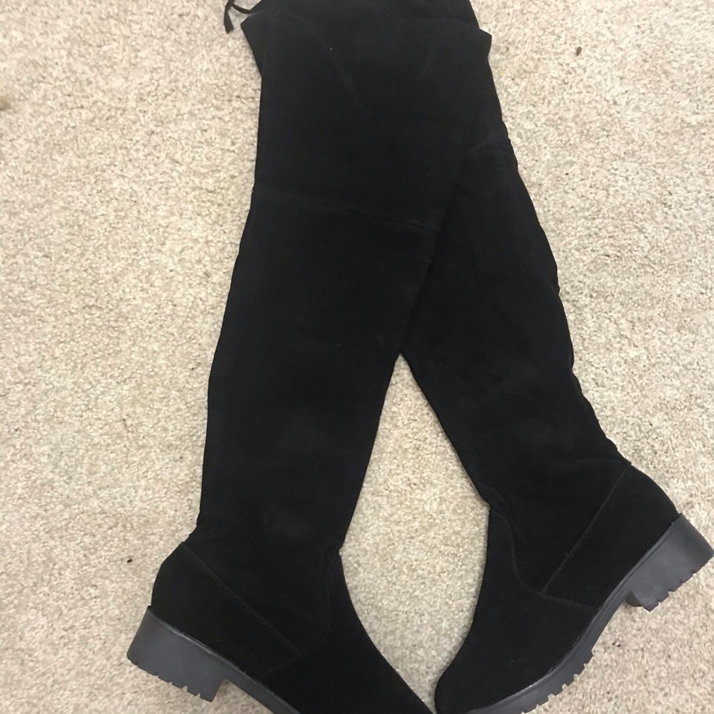 🛑AT COST! Vegan Suede Black Flat Knee Velvet Boots Slip On lined Boots - Picture 5 of 9